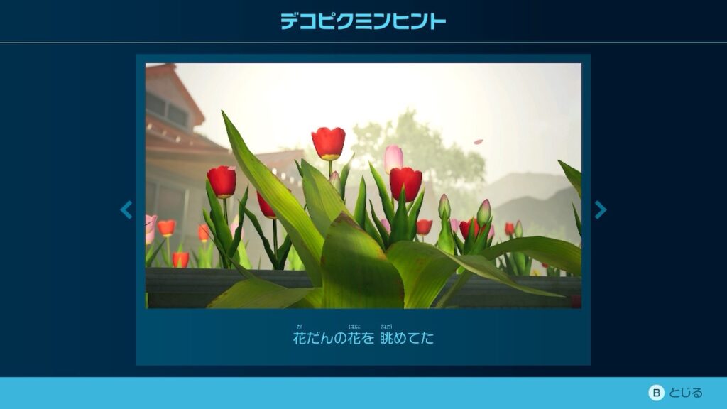 ピクミン_デコピクミンヒント「花だんの花を 眺めてた」